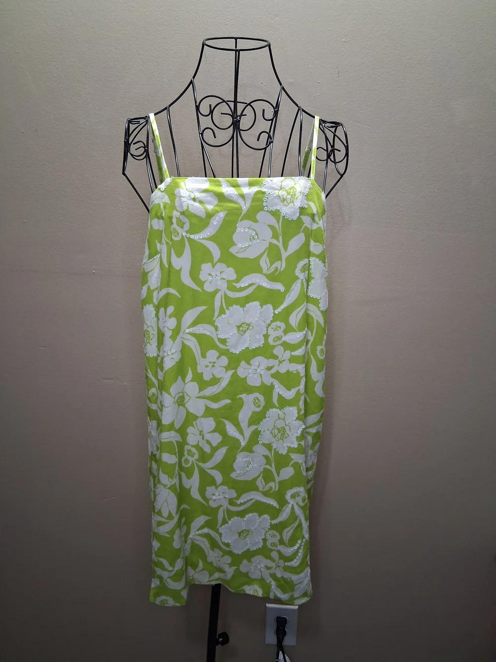 Flora Bea Floral Green Linen & Cotton Dress with Sequins NWT